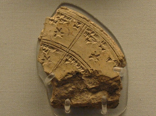 Tauleta de fang amb caràcters cuneïformes de la biblioteca d'Asurbanipal amb un fragment de planisferi celeste on consta el nom del mes amb la seva constel·lació associada, un numeral i la posició d'algunes estrelles. Babilònica. C650 aC. (Foto E. Farré; British Museum)